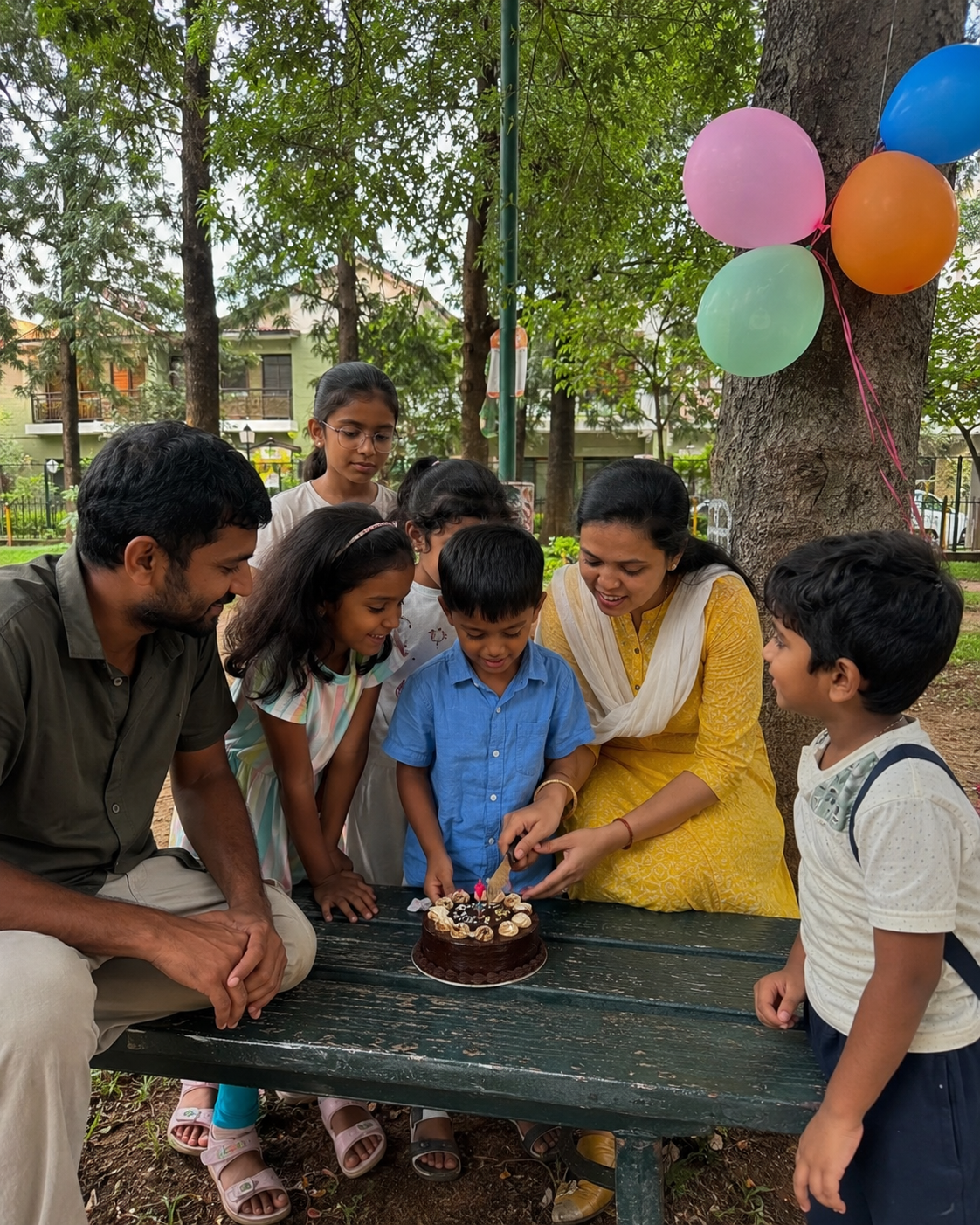 A family gathered around a birthday cake at a Bangalore park bench