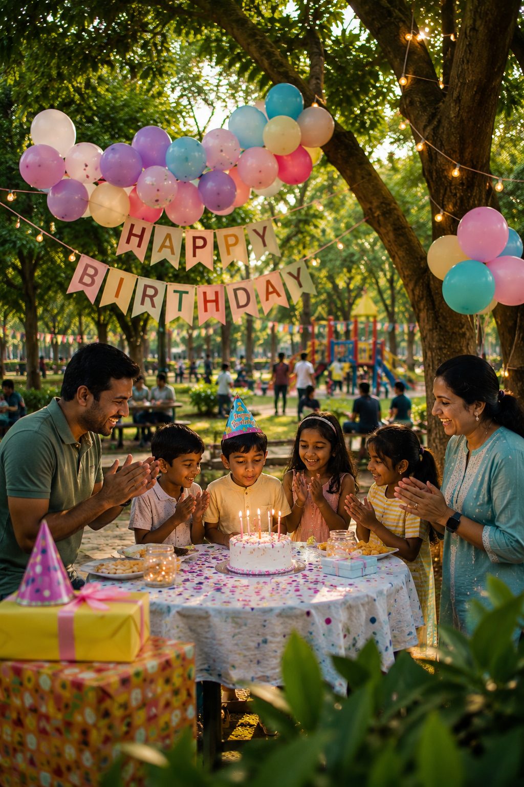 A birthday celebration under string lights and balloons at a Bangalore park