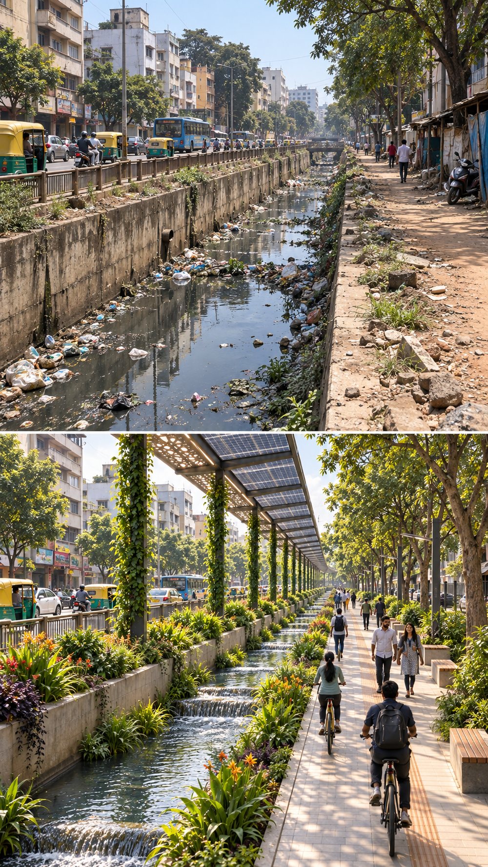 Top: an open rajakaluve choked with plastic waste beside a broken footpath. Bottom: the same corridor with a solar canopy, clean flowing water, planting and a walkway