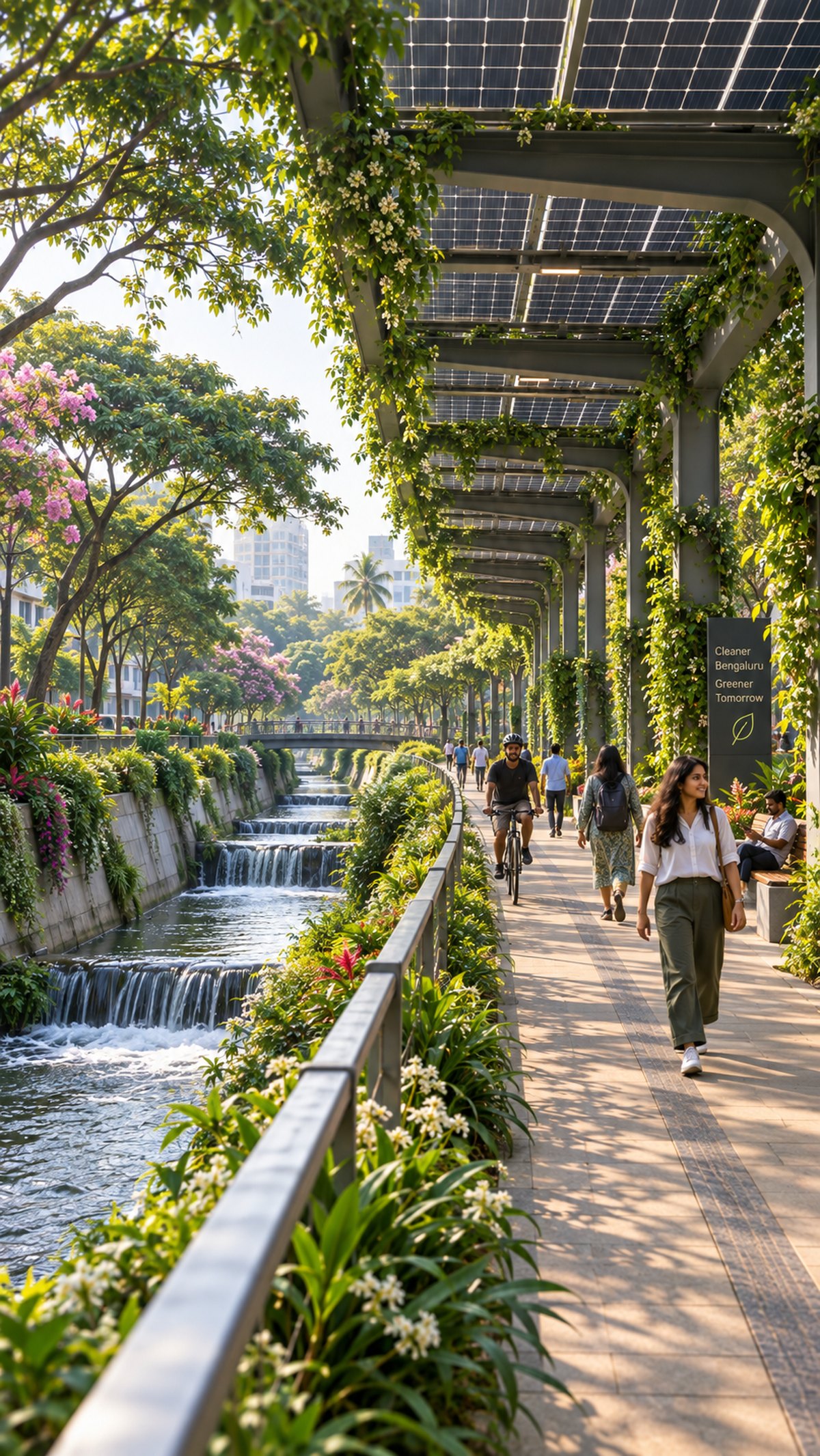 Clean water running under a solar canopy, with planting along the channel wall and people walking on a shaded path beside it