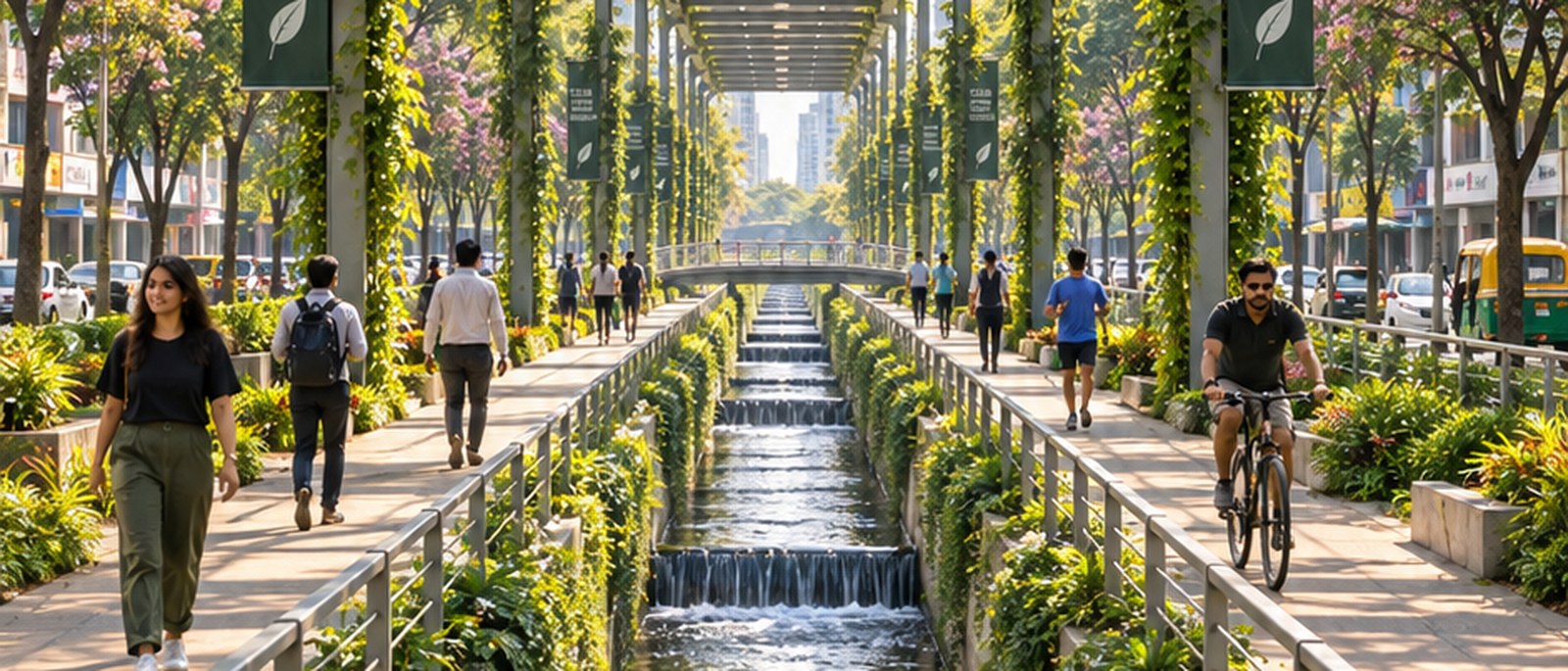 A Bangalore stormwater drain covered with a solar canopy, clean water running below and shaded walkways alongside
