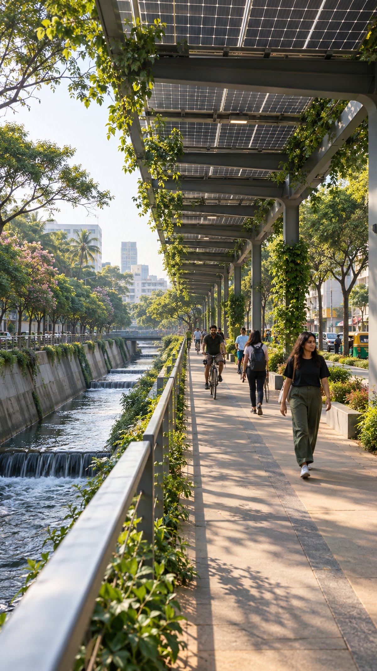 A solar-canopied drain corridor with civic signage banners and people walking and cycling beneath
