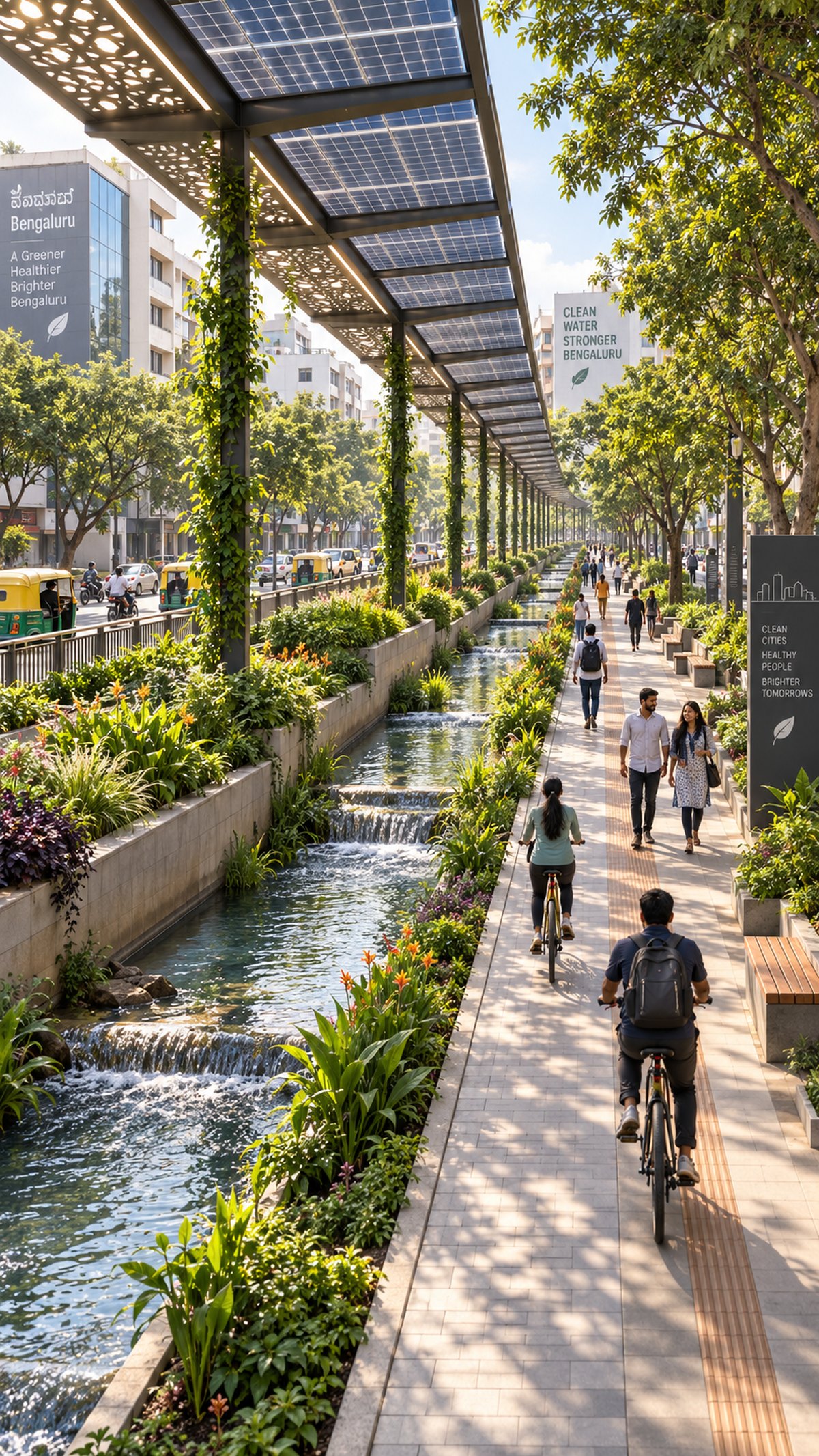 A covered drain corridor running alongside a busy Bangalore road, with traffic on one side and a shaded walkway on the other