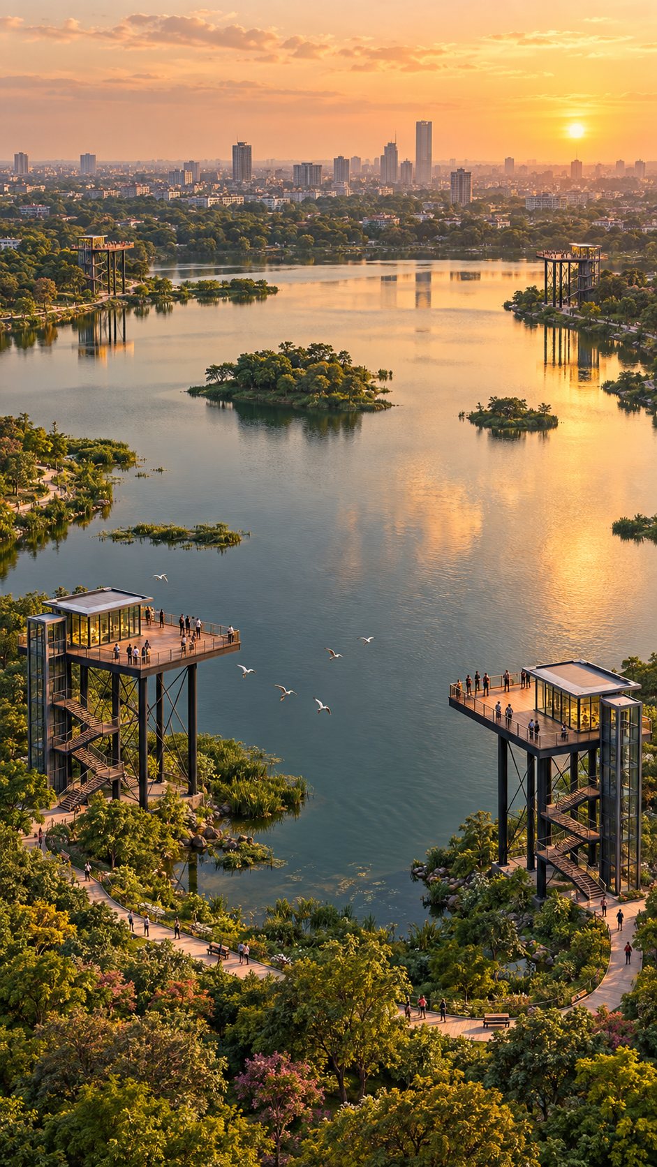 Aerial view of a Bangalore lake at sunset with small tree-covered islands, a walking path along the shore, and raised viewing decks at four points around the water