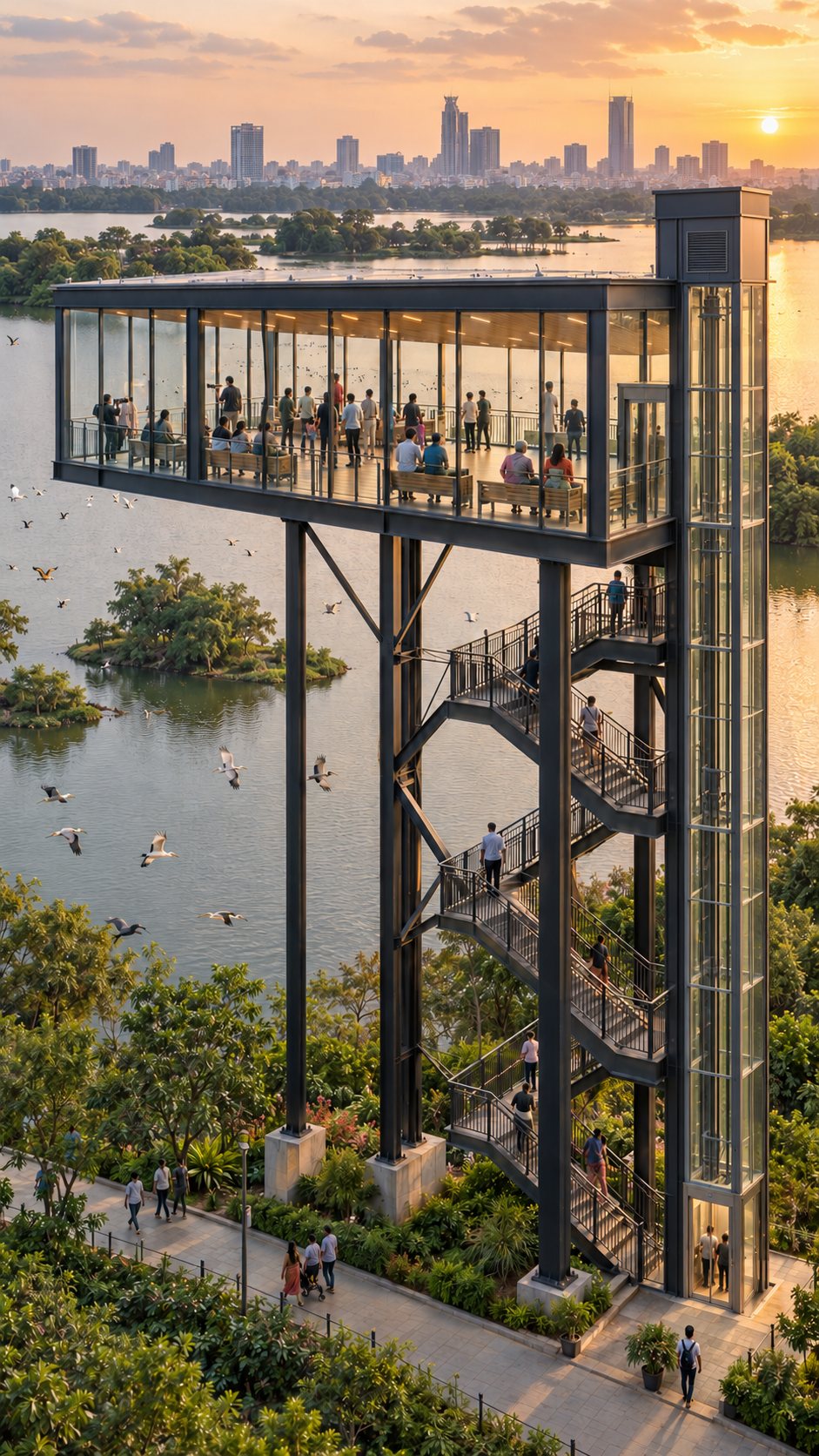 A glass-enclosed viewing deck raised high above the lake on a steel frame, with benches inside, a staircase and a glass lift tower beside it
