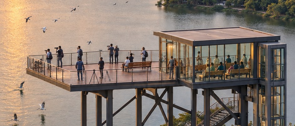 A raised lakeside viewing structure at sunset — an open deck with birdwatchers and photographers beside a glass-covered deck with people seated on benches