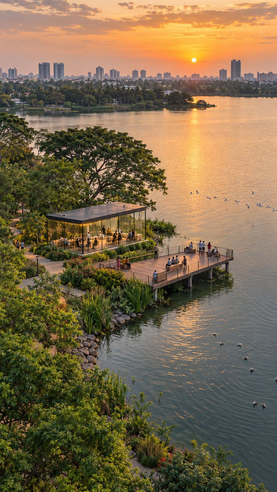 A glass lakeside pavilion with people dining at sunset beside a timber jetty over the water, with birds flying low over the lake