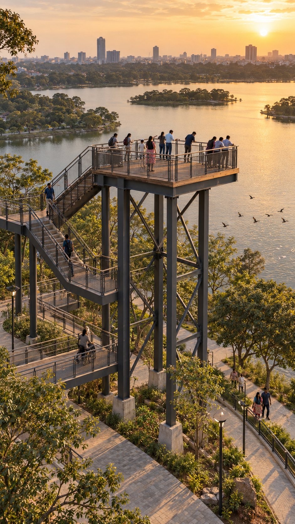 An open steel viewing tower above the lake with people at the railing, a stair and a gentle ramp leading up, and a wheelchair user on the ramp