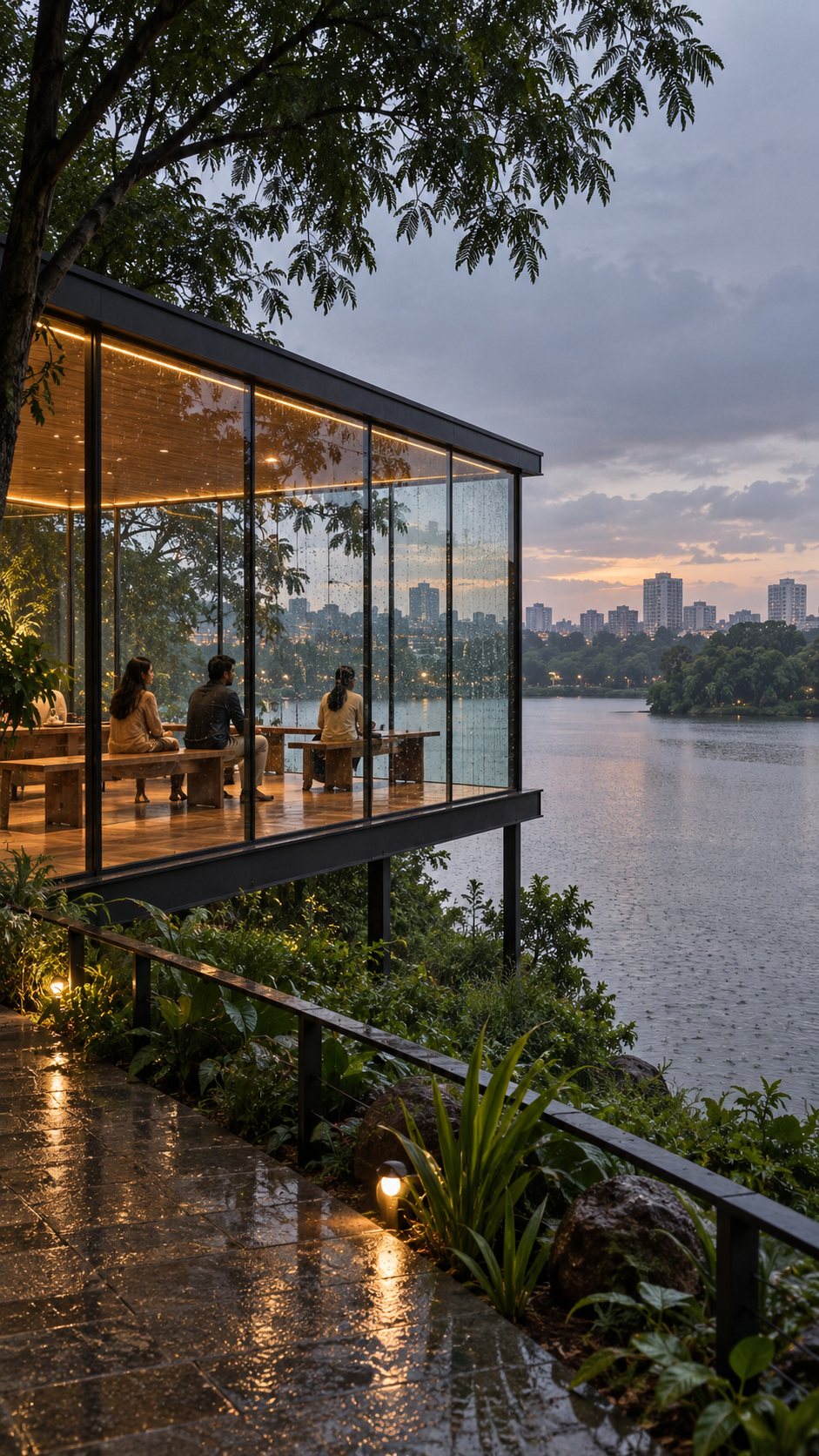 A glass pavilion on stilts beside the lake on a rainy evening, warm lights on inside and a few people seated on benches watching the rain fall on the water