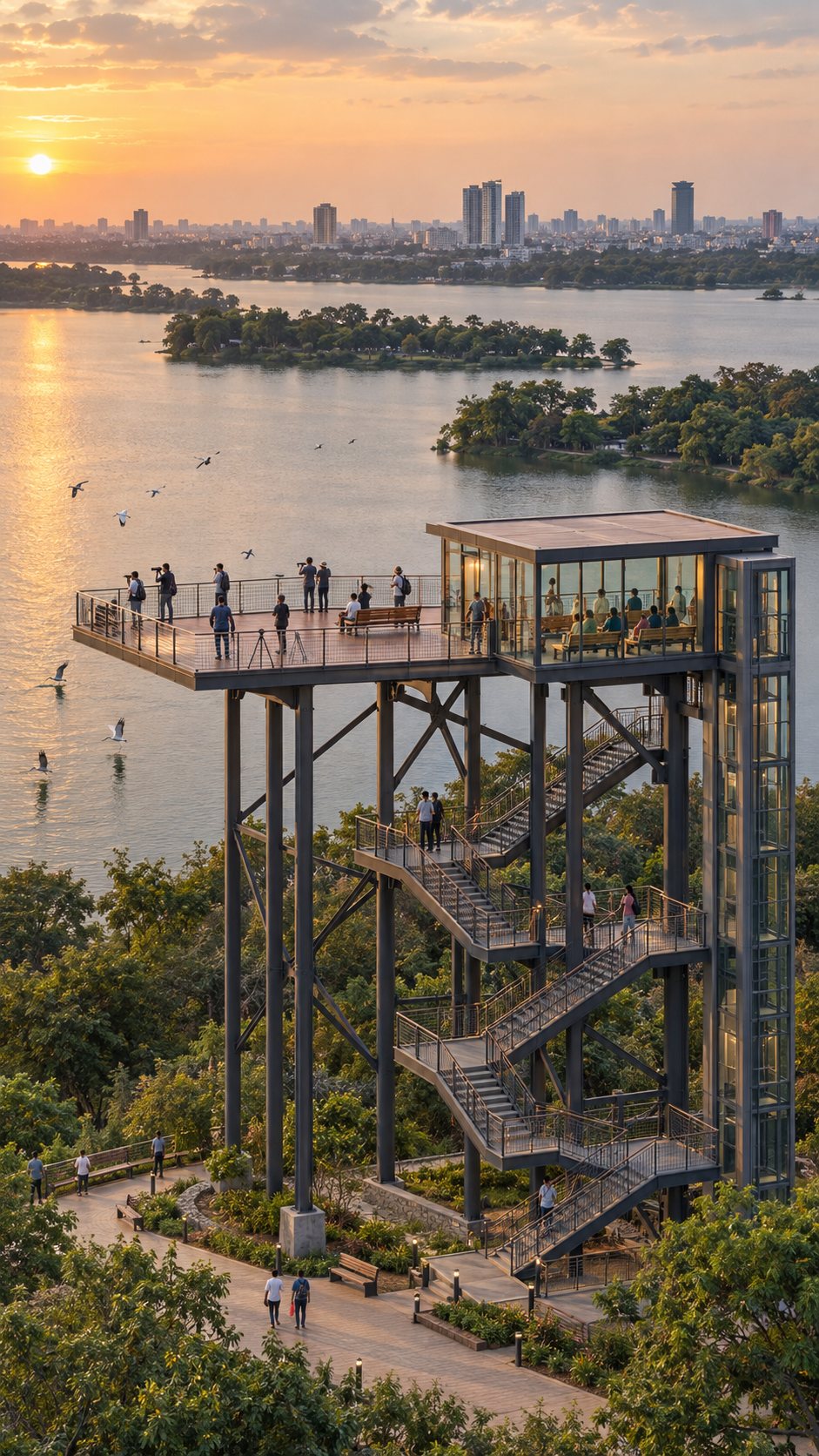 A raised lakeside viewing structure at sunset — an open deck with birdwatchers beside a glass-covered deck with people seated inside